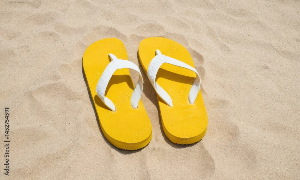 Naklejka premium Bright yellow flip flops on sandy beach or poolside