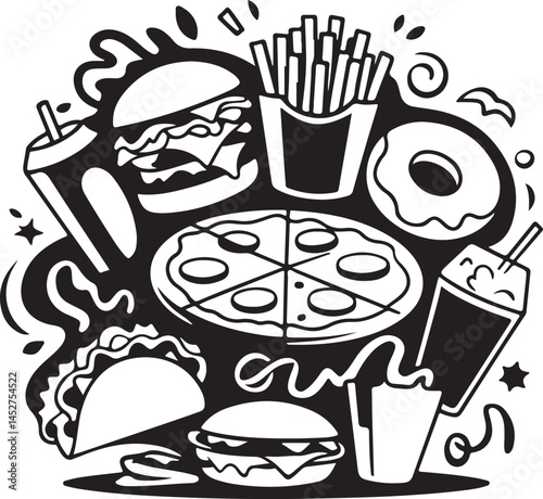 Fast Food Circular Doodle Silhouette Burger Pizza Fries Illustration