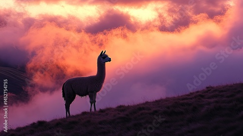 An alpaca standing peacefully on a sloped hill