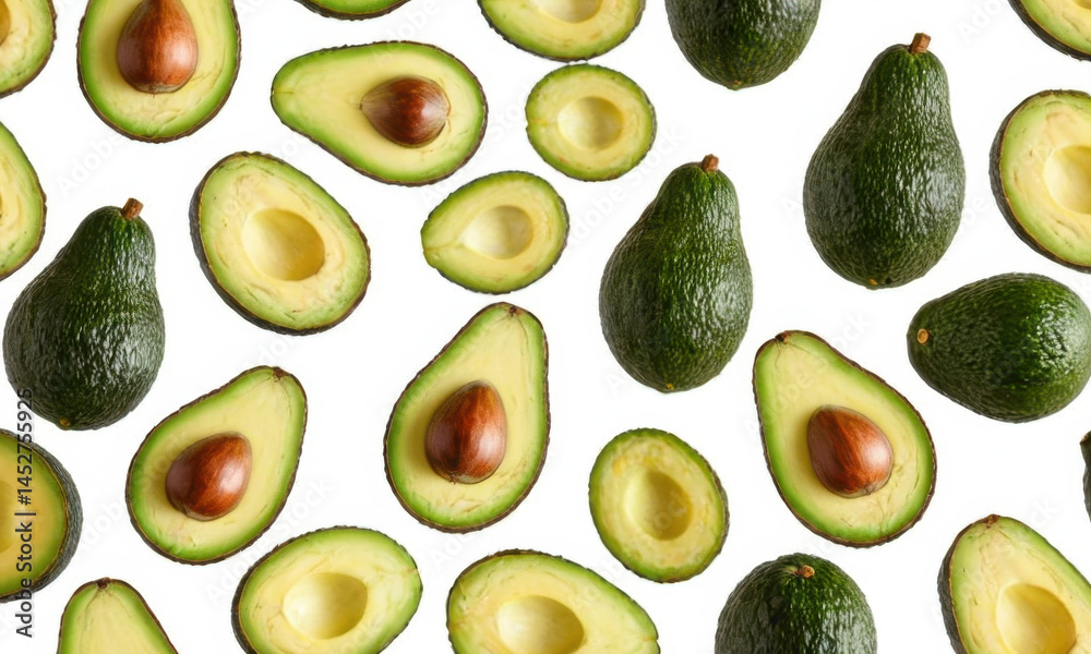 Avocados halved and arranged on a white background, great for food or still life photography Avocados halved and arranged on a white background, great for food or still life photography