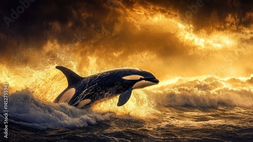 An orca breaching the surface of crashing waves