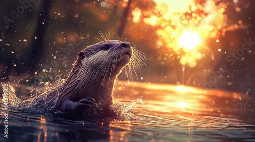 an otter emerging from a flowing river