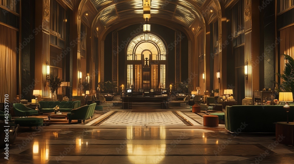 Fototapeta premium Elegant, art deco style lobby with ornate details and plush furniture. The space is bathed in warm lighting.