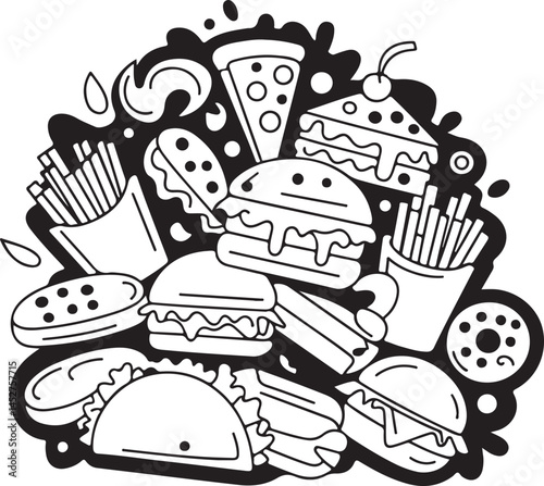 Fast Food Doodle Illustration Line Art Assortment