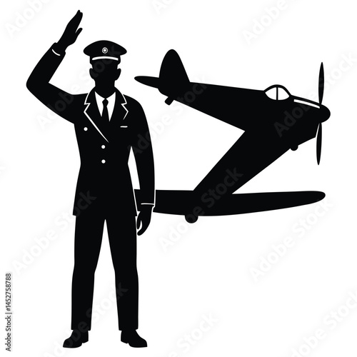 Silhouette of Pilot Saluting with Vintage Airplane Illustration Vector Art