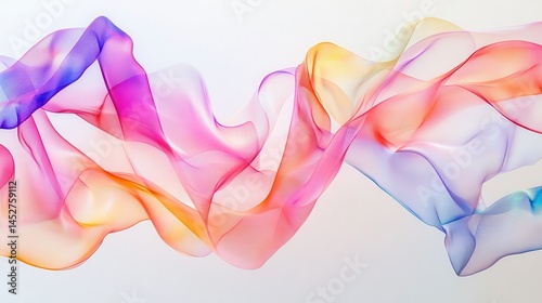 colorful abstract waves of translucent ribbons overlapping on smooth white backdrop