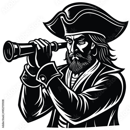 Pirate with Spyglass Vector Illustration: Black and White Nautical Buccaneer Graphic for Logo, Mascot, or Design Element