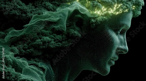 Digital portrait of a woman, ethereal and green, with flowing, textured hair, illuminated by glowing lines