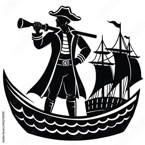 Pirate Captain on Ship Silhouette Vector: Vintage Nautical Illustration of Sailor with Spyglass, Old Sailing Vessel, Black and White Art