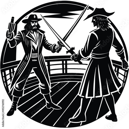 Pirate Duel Illustration: Black and White Vector Art of Swashbucklers Fighting with Swords and Pistol on Ship Deck, Vintage Style Graphic