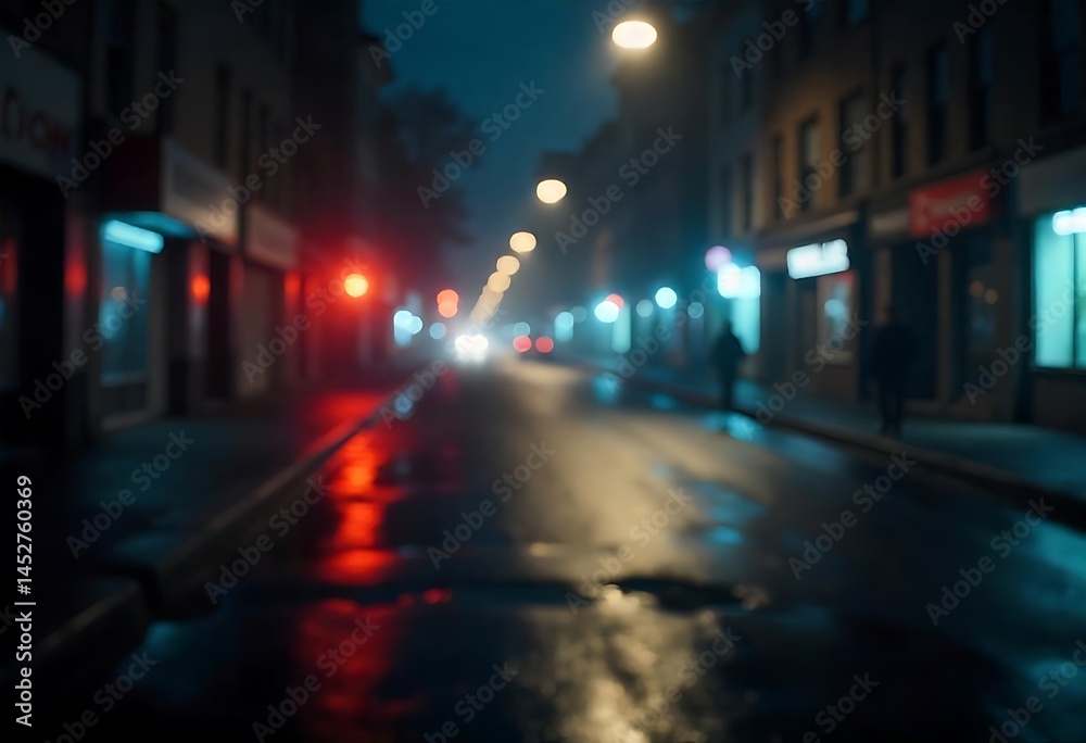 Fototapeta premium Generative AI Nightscape: Urban Street Scene in a Rainy Blur with Atmospheric Lighting