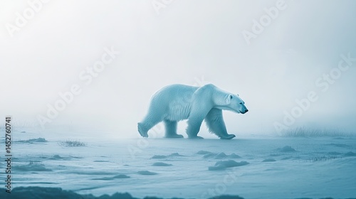 The outline of a polar bear walking across icy terrain