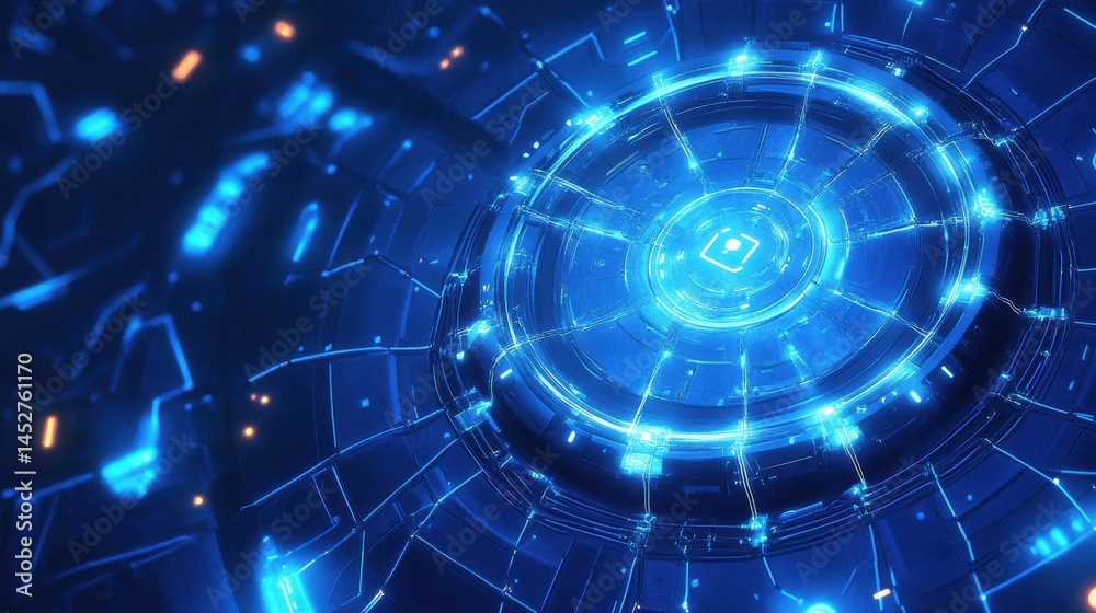 Obraz premium modern conceptual hi tech, mechanical technology cyber security privacy information network concept isometric protection digital network internet link on hi tech blue future background