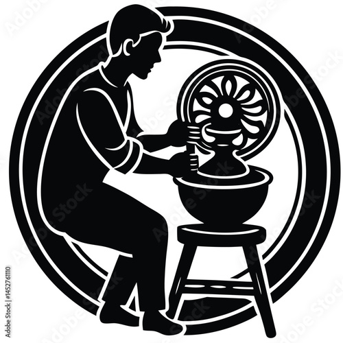 Potter at Wheel Silhouette Vector Art: Crafting Clay, Pottery Making, Artisanal Design, Black and White Illustration