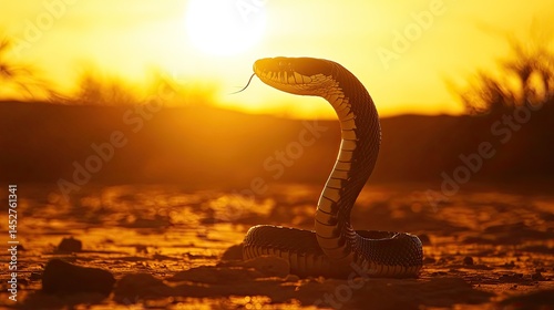 The striking silhouette of a king cobra rearing its hood in an open desert landscape