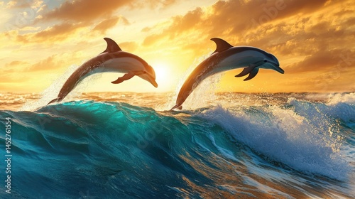 Two dolphins leaping in unison from turquoise ocean waves