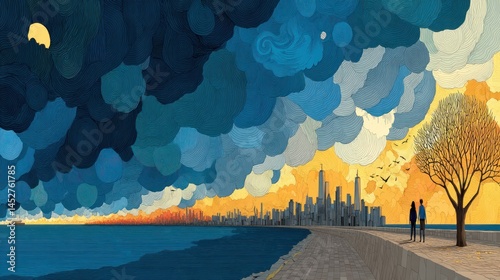 A city skyline, framed by a dramatic, colorful sky,  with a couple walking along a shoreline.  Sunrise or sunset