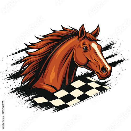 Horse Racing Emblem with Checkered Flag – Vector Car Race Logo Design