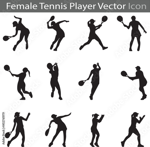 Female Tennis player silhouette flat icon collection set vector illustration

