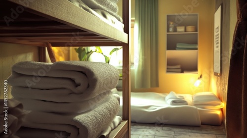 Cozy budget hostel dorm room featuring a towel and bed setting for budget travelers seeking comfort and affordability