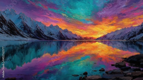 Majestic mountain range reflecting vibrant sunset over still lake.  Snow-capped peaks frame colorful, fiery sky mirrored perfectly in tranquil water