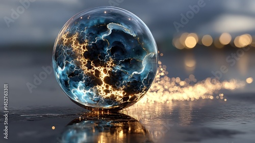 A sphere,  like a  crystal ball, depicts a  stormy  interior.  Golden  light  bursts from within