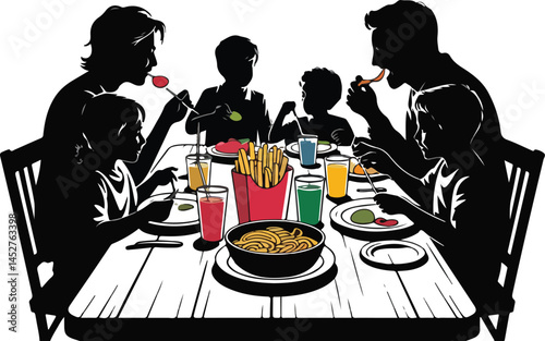 Family Dinner Silhouette Togetherness and Mealtime Illustration