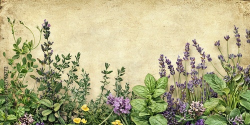 Vintage farmersâ€™ almanac cover with lavender, herbs, and leafy borders