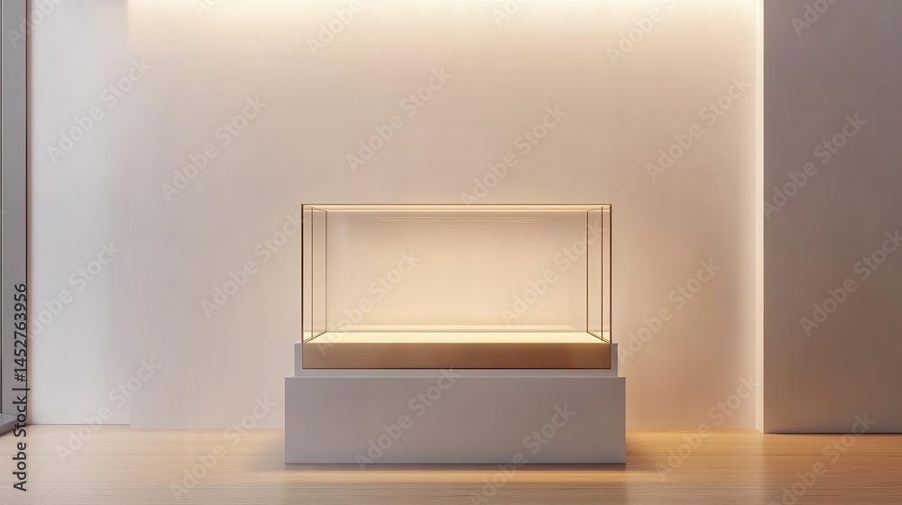 Empty illuminated glass showcase with mock up place on white wall background. 3D Rendering illustration Empty illuminated glass showcase with mock up place on white wall background. 3D Rendering illustration