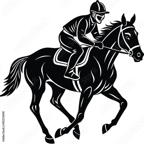 Black and White Horse Racing Vector: Jockey Riding Racehorse Illustration, Equestrian Sport Graphic, Clip Art Image