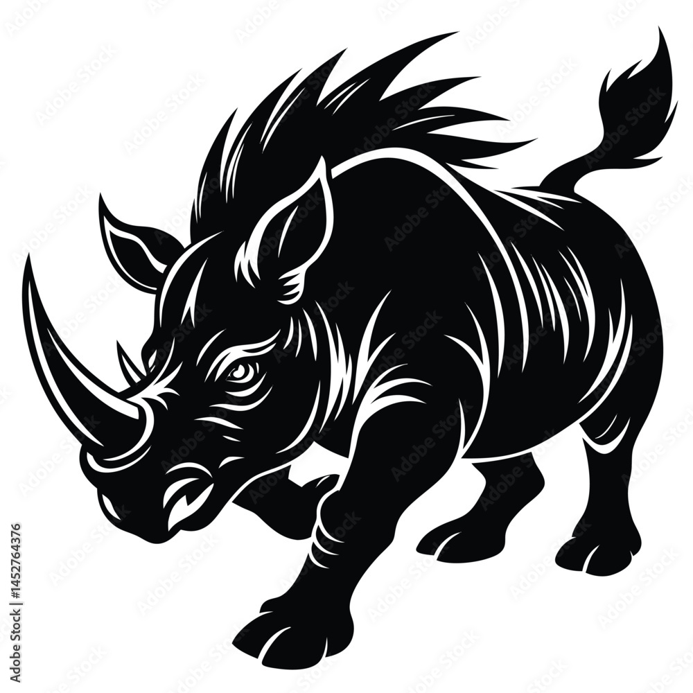 Obraz premium Black and White Rhino Illustration: Detailed Vector Art of a Charging Rhinoceros, Wildlife Animal Graphic Design for Print and Web Use