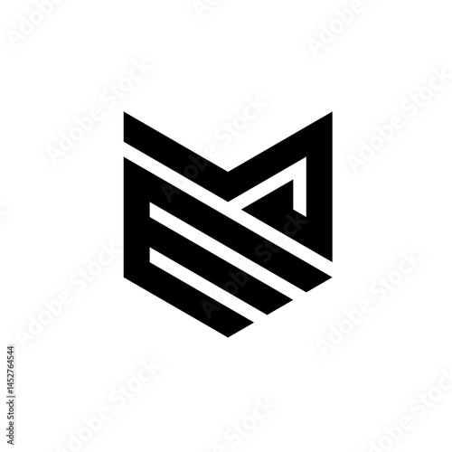 ME Letter Logo A bold black geometric shield with angular lines.