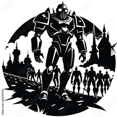 Giant Robot Silhouette: Fantasy Cityscape Art Print, Black and White Sci-Fi Illustration, Retro Robot Invasion Artwork