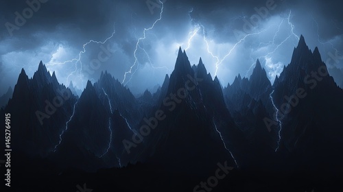 A dense cluster of jagged mountain peaks fading into the darkness of a violent thunderstorm
