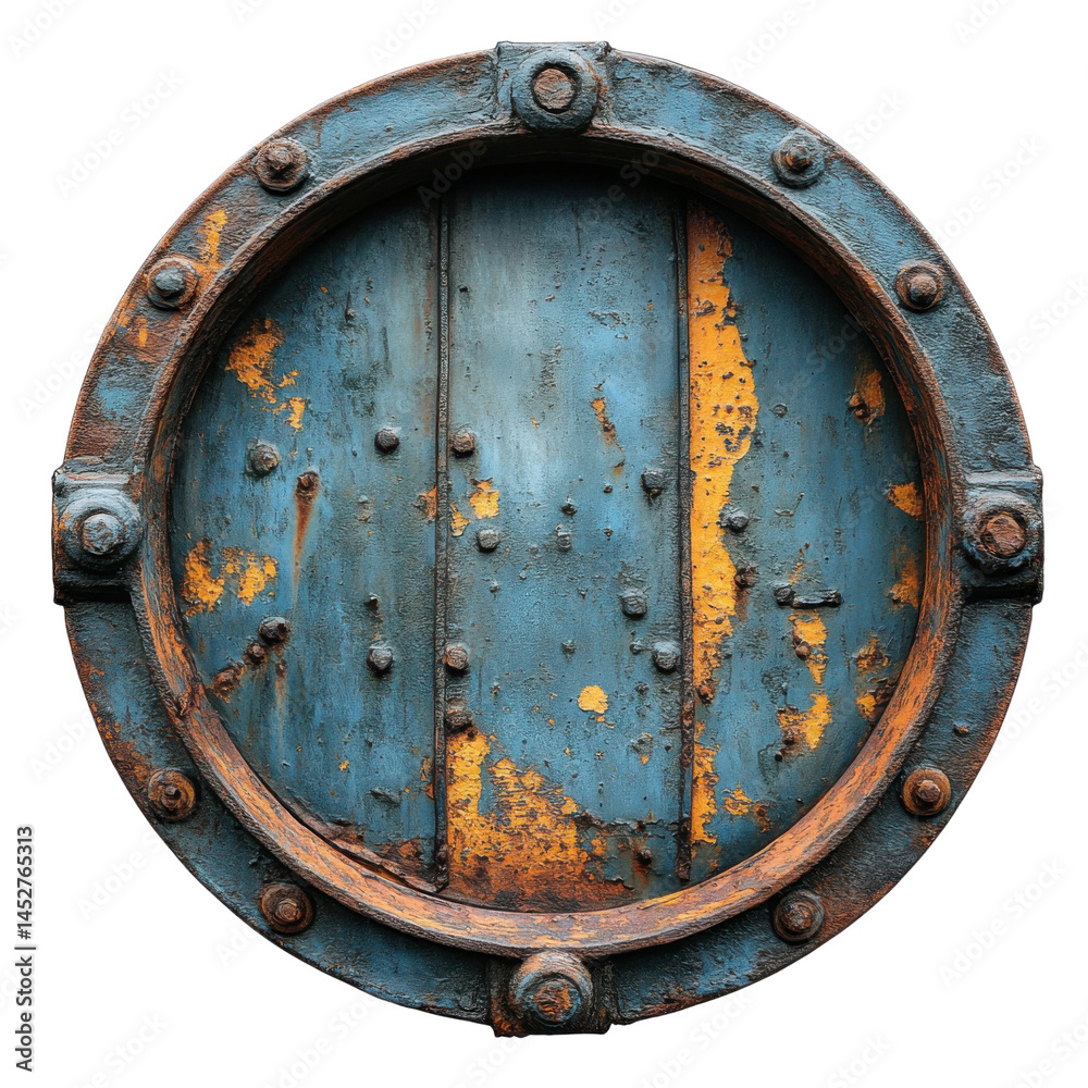 Rusty circular porthole industrial setting close-up view textured. Isolated on transparent background, png. Rusty circular porthole industrial setting close-up view textured. Isolated on transparent background, png.