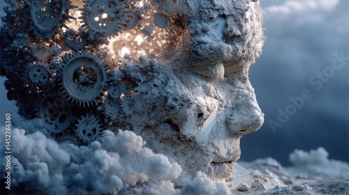 A weathered head, intricately detailed with gears, emerges from a smoky haze.  Light emanates from within the head, highlighting the complex mechanical structure