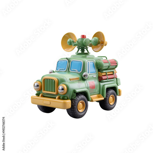 A colorful toy truck equipped with large speakers and a water cannon, designed for imaginative play.