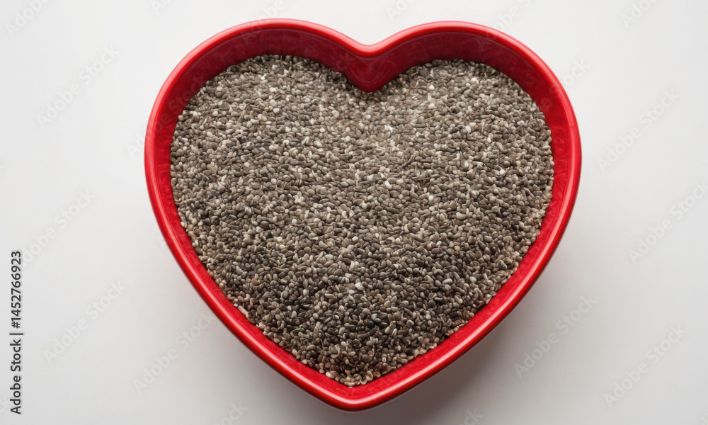 A red heart-shaped bowl filled with chia seeds