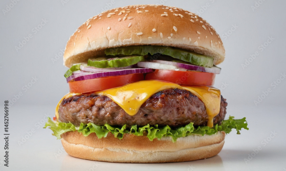 A juicy hamburger with lettuce, tomato, onion, and cheese