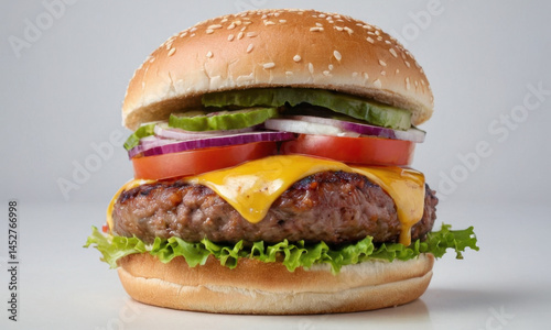Obraz na płótnie A juicy hamburger with lettuce, tomato, onion, and cheese w salonie