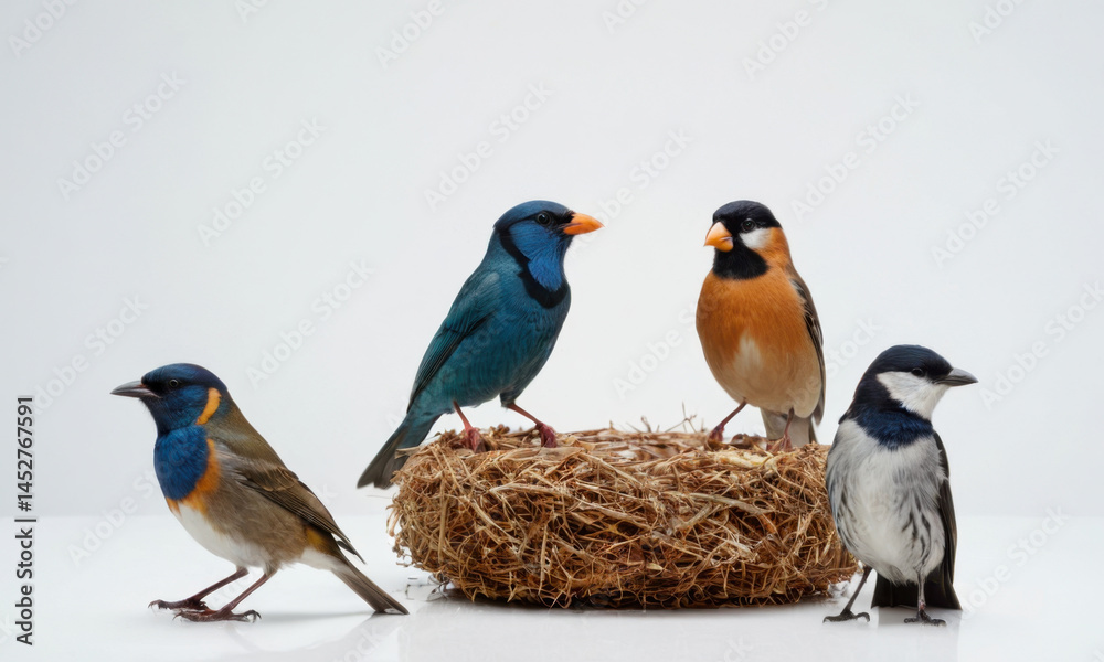 A group of birds are gathered on top of a cozy nest, ready to take flight