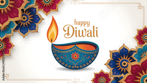 Happy Diwali Illustration Featuring Luxurious Deep Blue Gold Diya Lamp Glowing Flame Intricate Mandala Patterns Vibrant Red Blue Gold Tones on White Background for Festive Greeting Cards Invitations