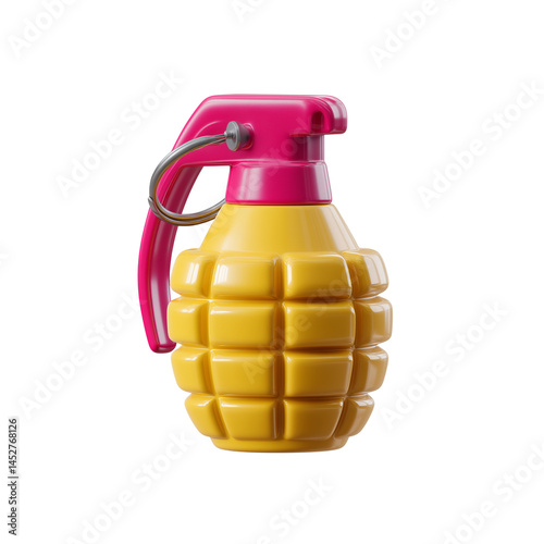 A brightly colored toy grenade with a pink trigger and a yellow body, featuring a segmented design typical of grenade styling.