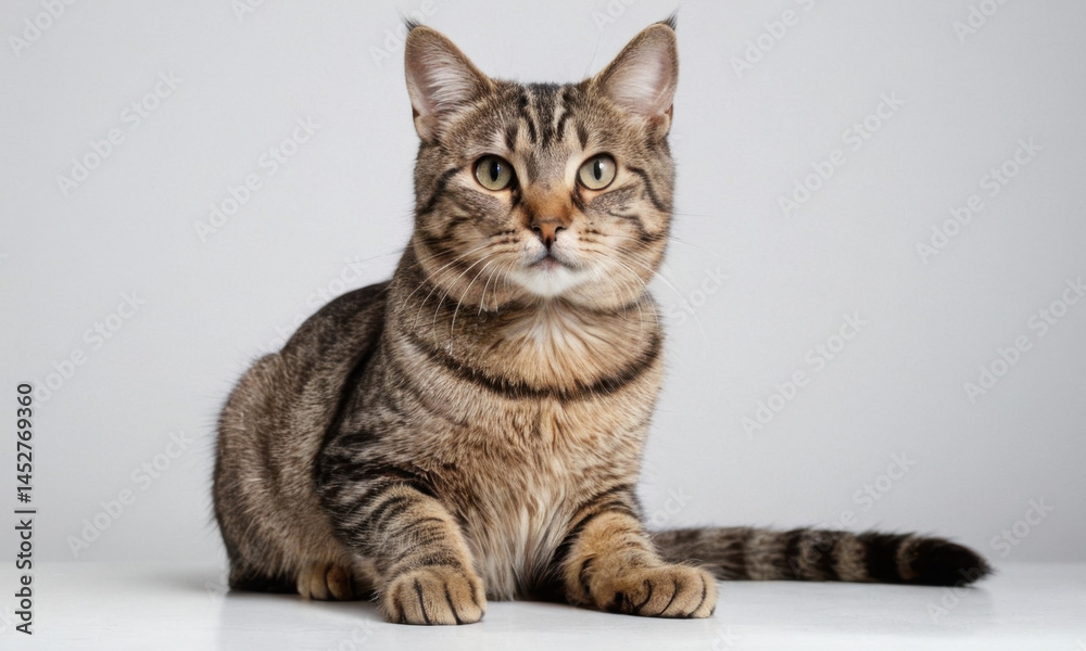 A domestic cat sits on a table, looking directly at the camera with curiosity