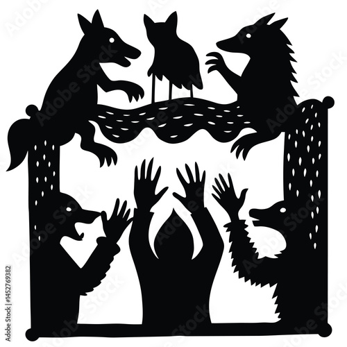 Silhouette Art: Shadow Puppet Show Featuring Wolves, Owl, and Person with Raised Hands - Black and White Illustration