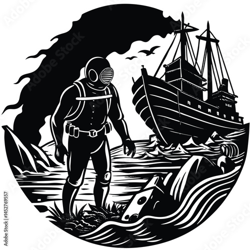 Vintage Diver Illustration: Deep Sea Exploration, Shipwreck, Retro Diving Suit, Black and White Nautical Art