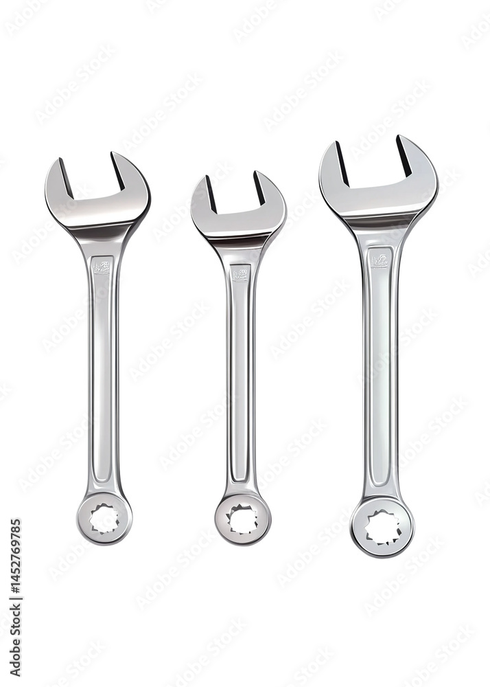Three shiny metal wrenches, isolated on Png Format and Transparent Background