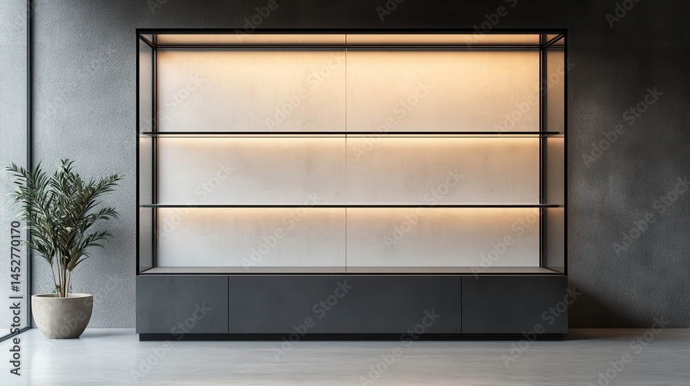 Fototapeta premium Empty illuminated glass showcase with mock up place on white wall background. 3D Rendering illustration