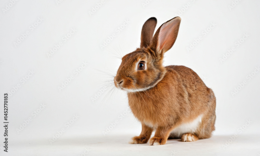 A brown rabbit sits on a clean white floor