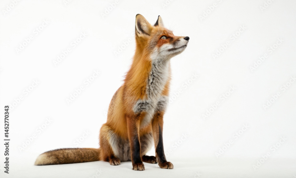 Fototapeta premium A red fox sits on the ground, gazing upwards